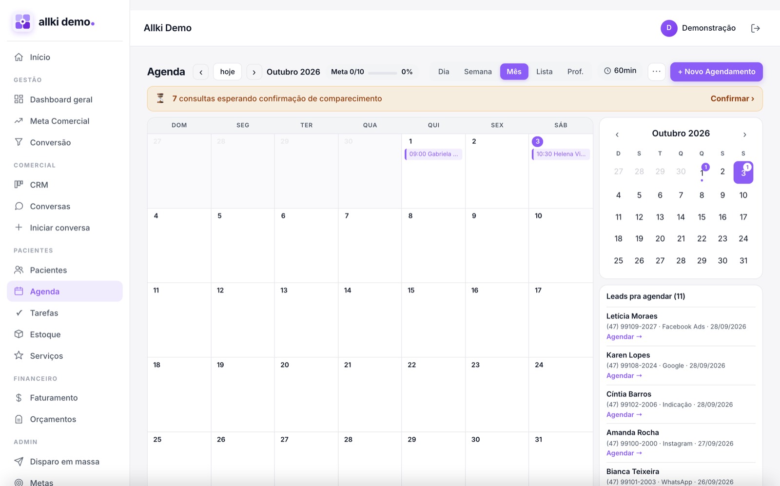 Tela da agenda do Allki: calendário do mês com consultas e lista de leads para agendar