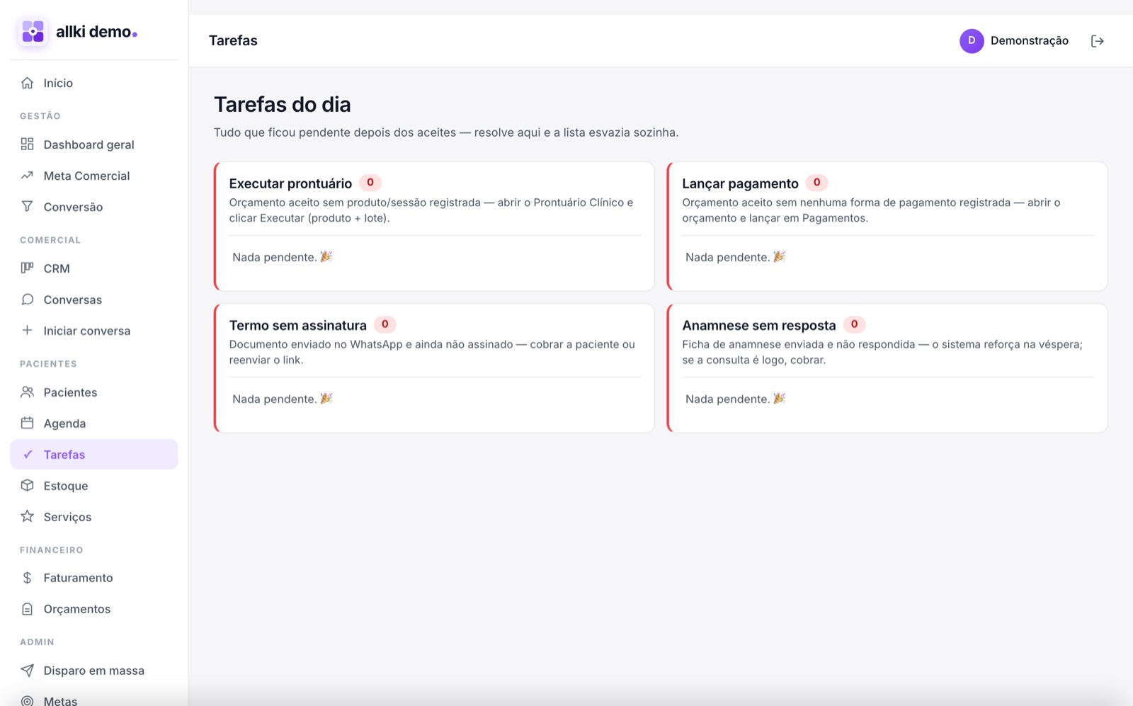 Tela de tarefas do Allki: pendências de prontuário, pagamento, assinatura e anamnese